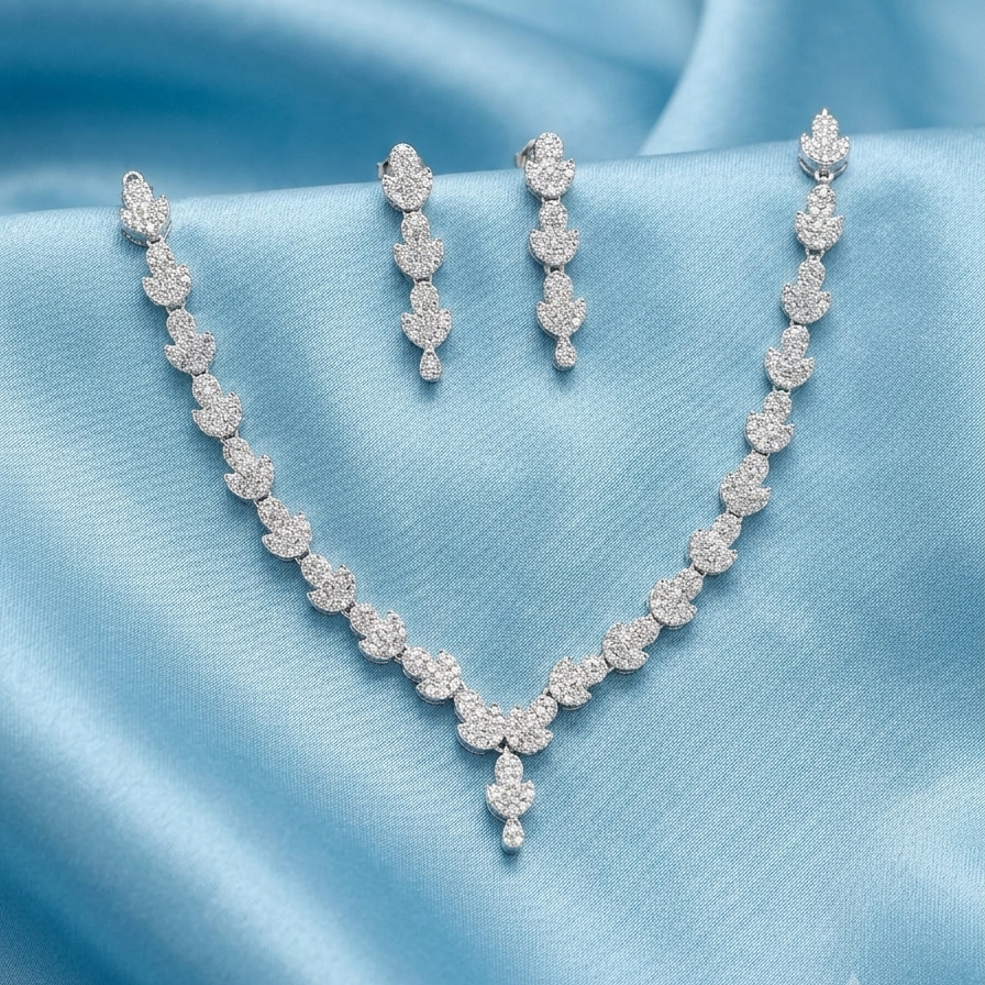 925 Sterling Silver Moissanite Leaf Design Necklace & Earrings Set | Elegant Bridal Wedding Jewelry for Women