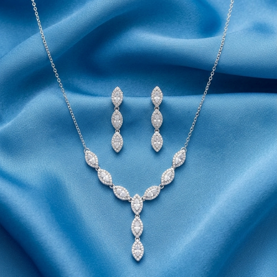 925 Sterling Silver Moissanite Marquise Necklace & Earrings Set | Elegant Bridal Wedding Jewelry for Women