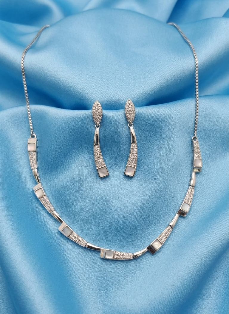 925 Sterling Silver Moissanite Geometric Necklace & Earrings Set | Modern Designer Wedding Jewelry for Women