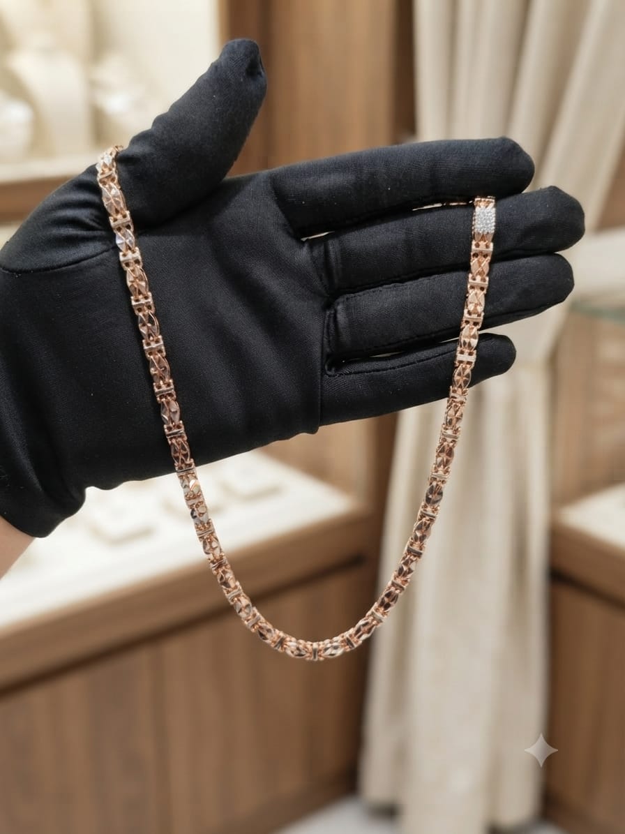 Rose Gold Patterned Link Necklace, Men's Designer Chain, Two Tone Gold Jewelry