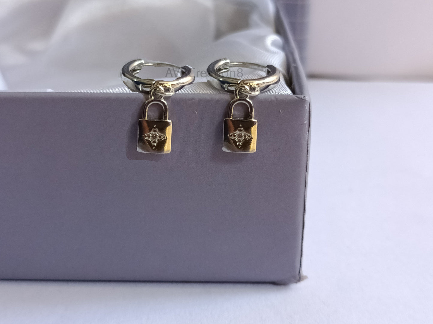 Sterling Silver Lock Dangle Hoop Earrings, Dainty Love Jewelry, Charm Huggie Hoops, Unique Dangle Hoops, Lock Earrings, Diamond Hoop Earring