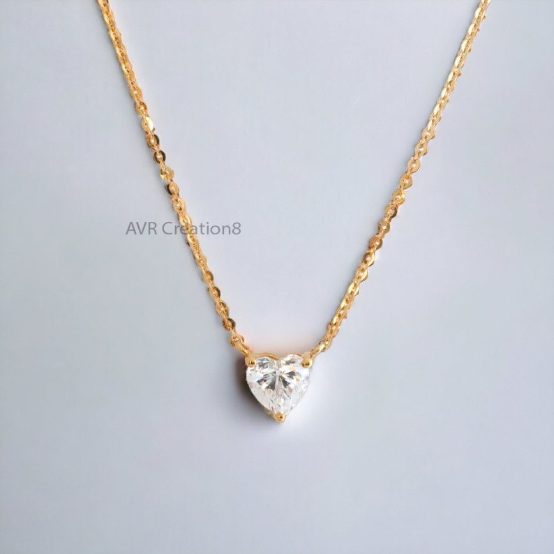Dainty Gold Heart Solitaire Necklace | Bezel Set Clear Heart Cut Gemstone Pendant | Minimalist Love Necklace | Everyday Women Necklace