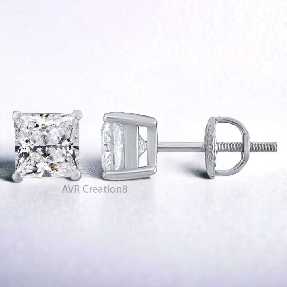 Princess Cut Stud Earrings, Single Stone Earrings, 925 Sterling Silver, Solitaire Stud Earrings, Daily Use Earrings, Gifts For Girlfriend