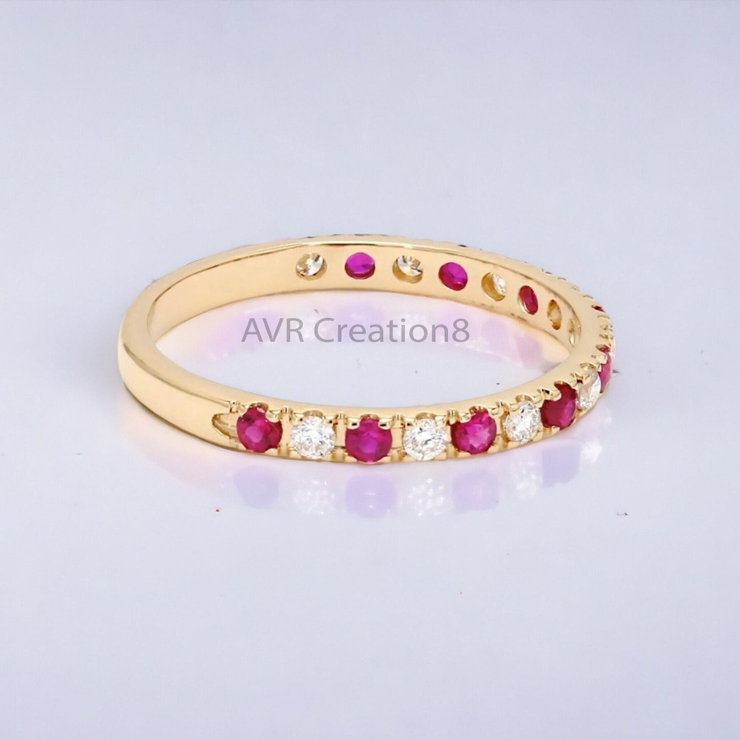 Ruby & Diamond/CZ Half Eternity Ring | Gold Stacking Band | July Birthstone Ring | Anniversary Gift For Her | Dainty Gemstone Ring