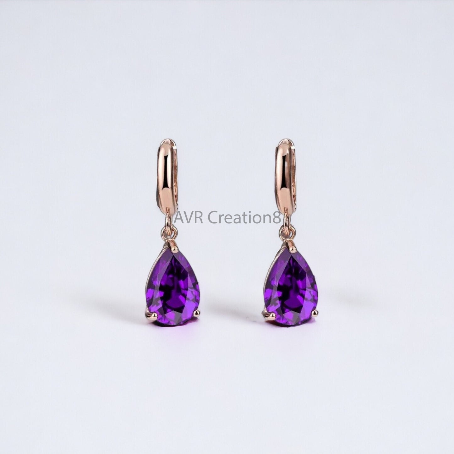 Purple Amethyst Pear Cut Drop Dangle Earrings For Her, 14K Rose Gold Plated Earrings, Purple Gemstone Earrings, Handmade Solitaire Earrings