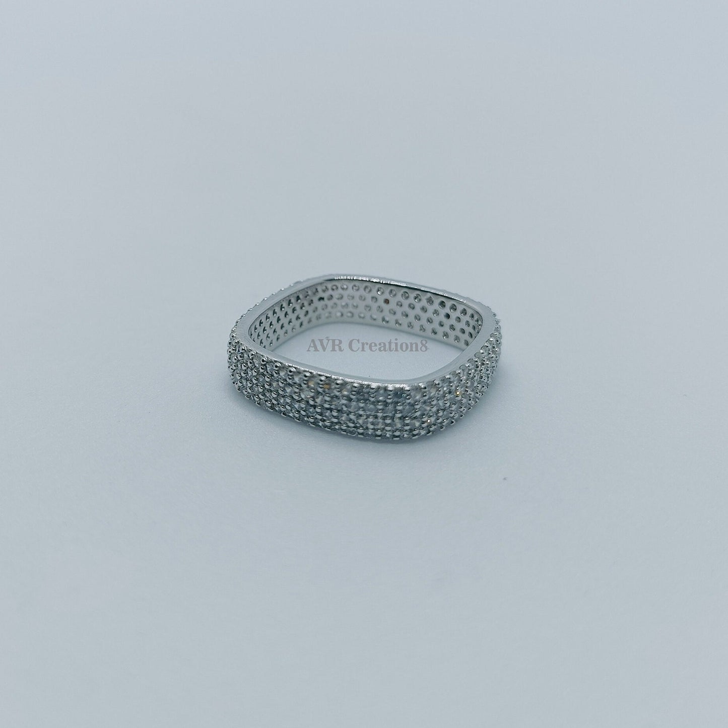 Square Pave Eternity Band | Cubic Zirconia Ring | White Gold Tone Ring | Stackable Statement Ring | Wide Wedding Band | Gift for Her