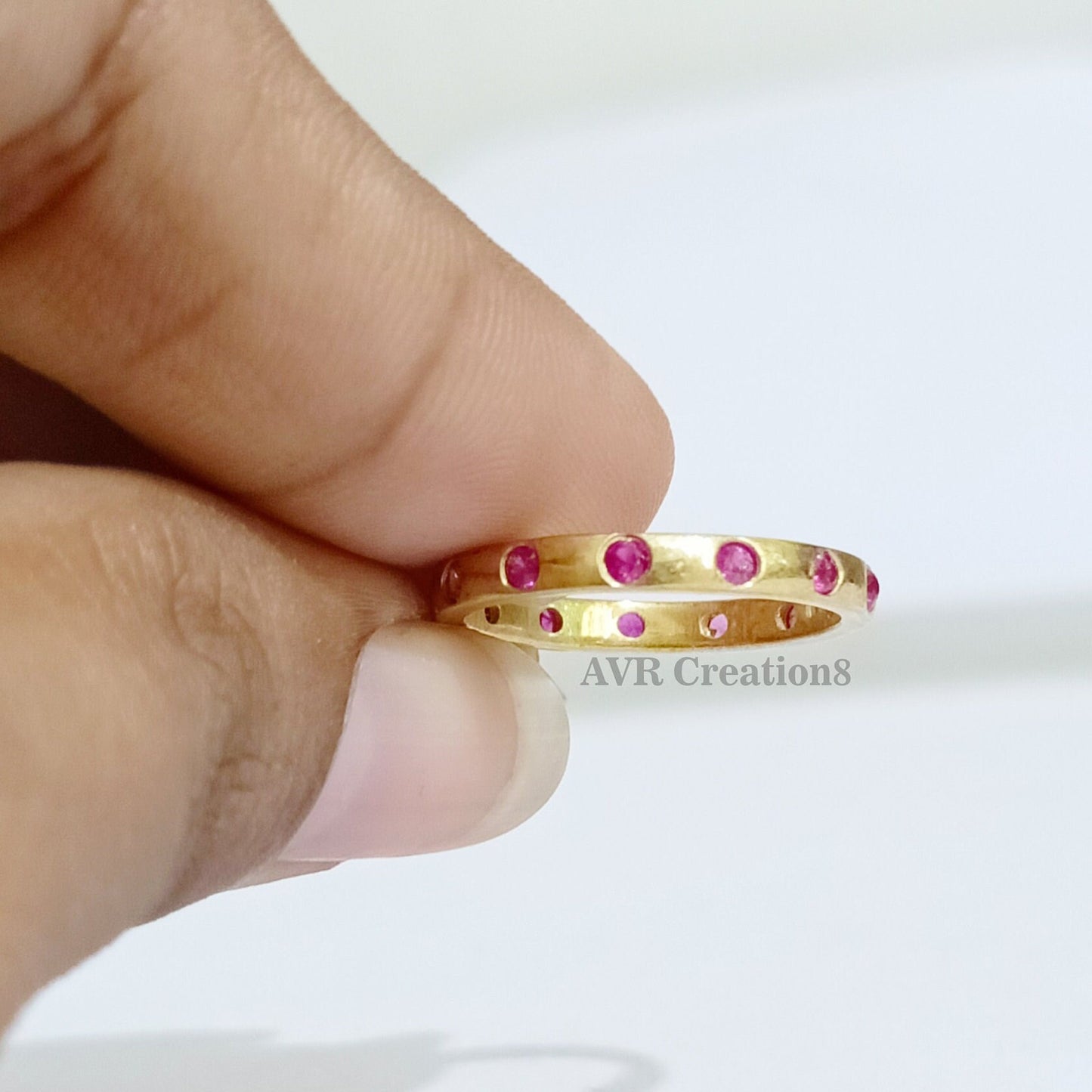 Eternity Pink Ruby Wedding Unique Band Ring, Bezel Set Ruby Ring, Dainty Marriage Ring, 14K Yellow Gold Plated, Gifts For Girlfriend, Gifts