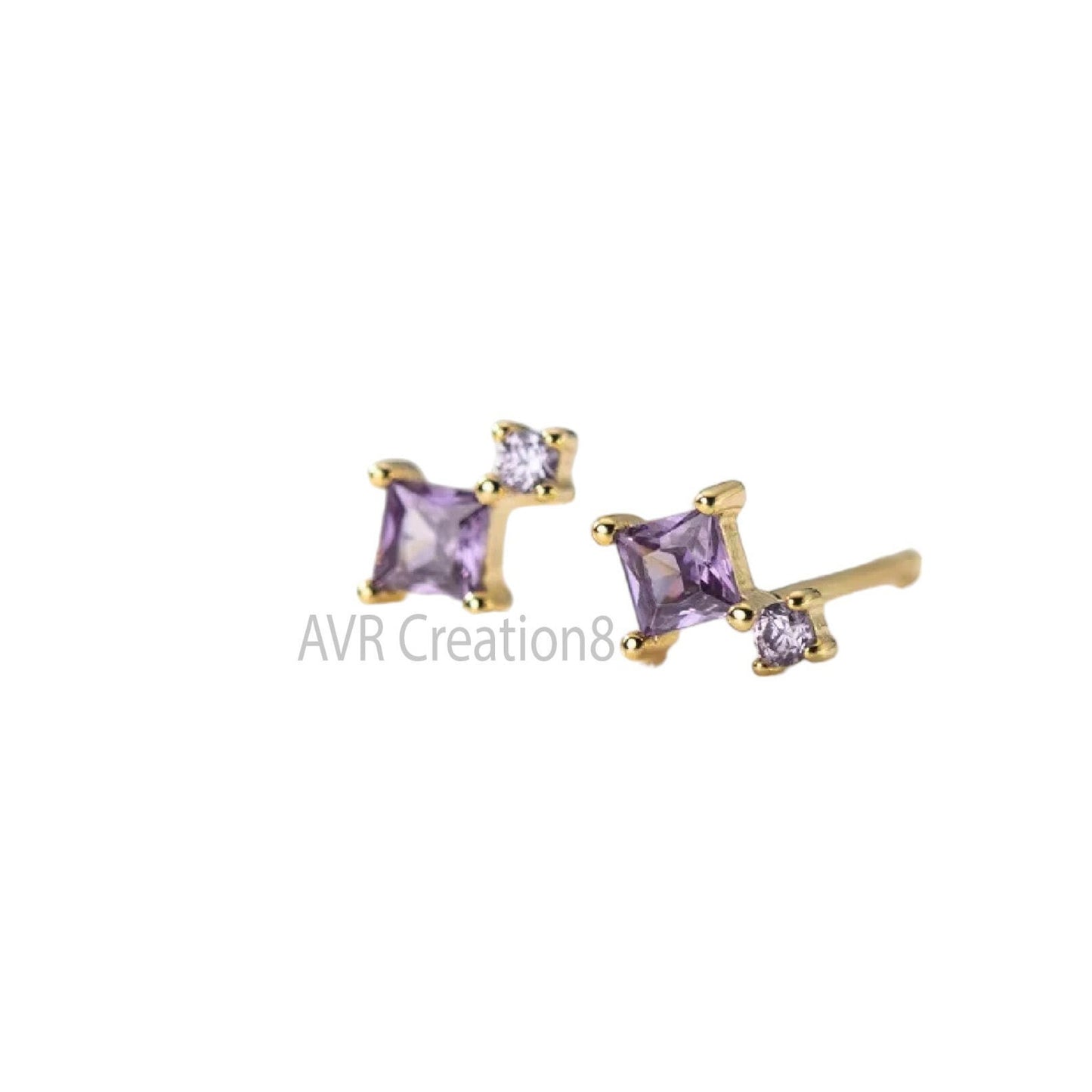Purple Amethyst Stud Earrings For Women, Princess Cut Earrings, Gemstone Stud Earrings, 14K Yellow Gold Plated, Mothers Day Gifts, Gift