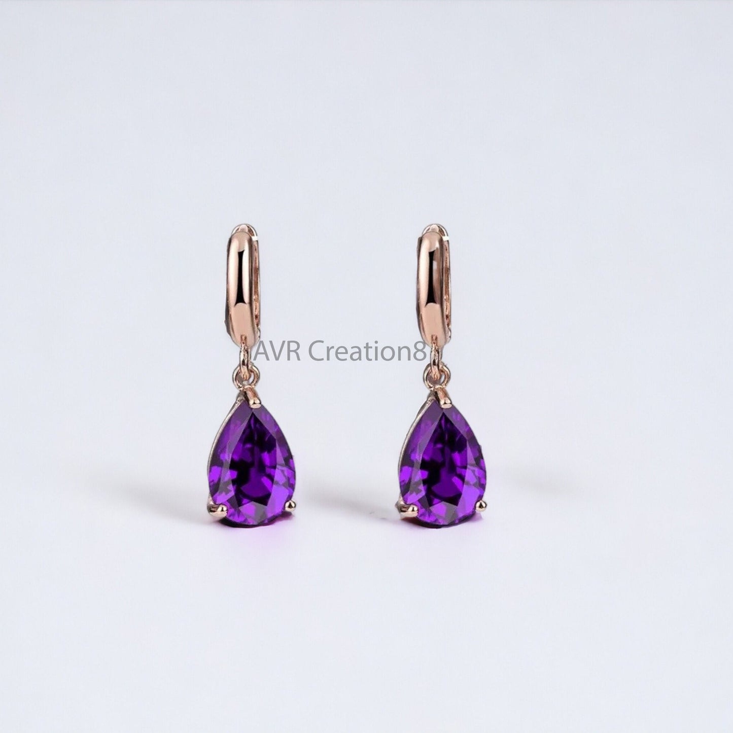 Purple Amethyst Pear Cut Drop Dangle Earrings For Her, 14K Rose Gold Plated Earrings, Purple Gemstone Earrings, Handmade Solitaire Earrings