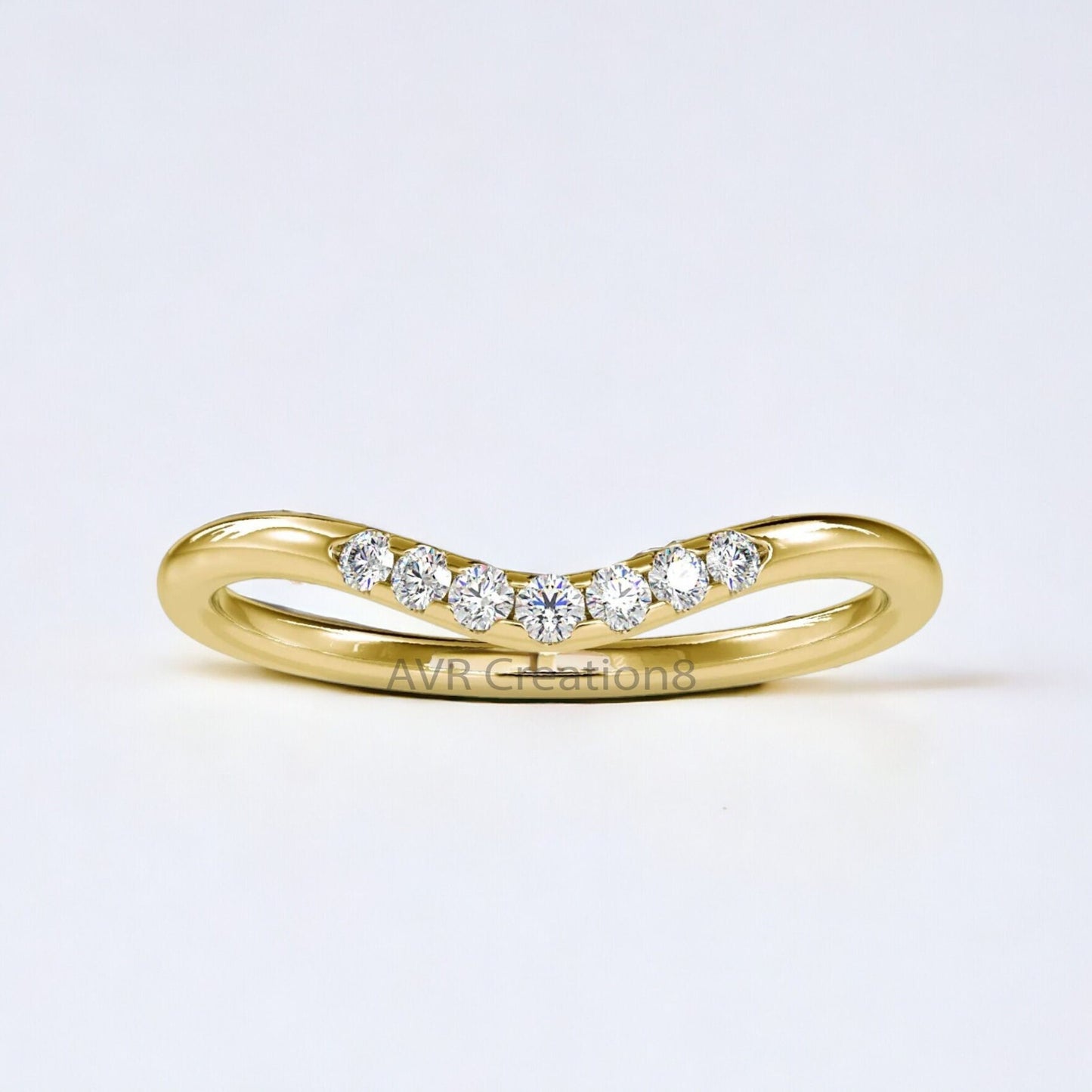 Curved Diamond Ring, Minimalist "V" Shape Diamond Wedding Ring, 14k Yellow Gold Stackable Band, Gift for Women, Anniversary Wedding Band
