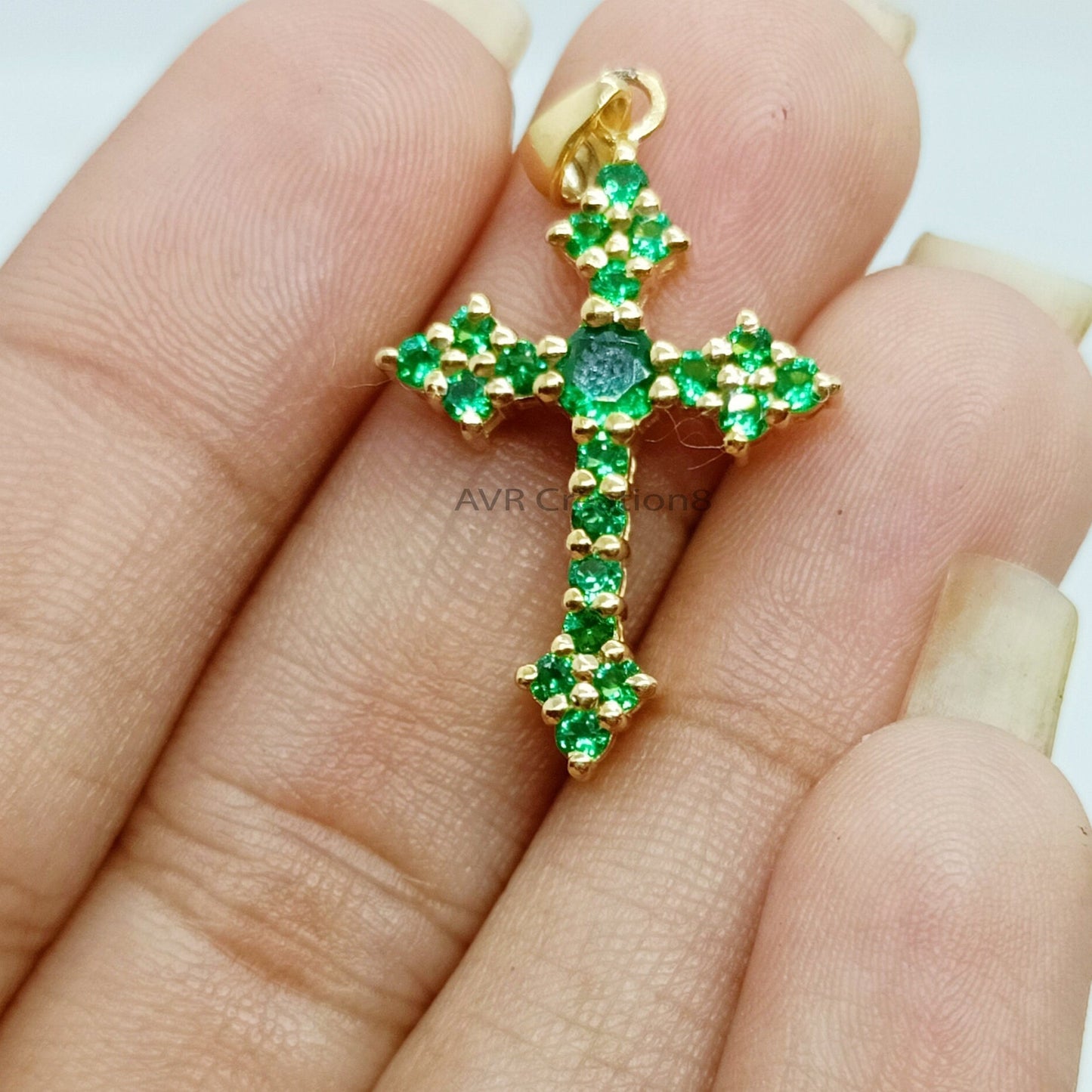 Green Emerald Cross Necklace Pendant | May Birthstone Pendant | 14K Yellow Gold Plated | Gemstone Pendant | Anniversary Gifts For Women