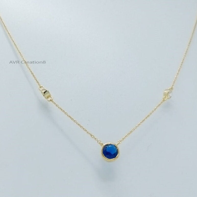 Blue Sapphire & Diamond Necklace Pendant | Bezel Set Diamond | 14K Yellow Gold Plated | Minimalist Pendant For Women | September Birthstone