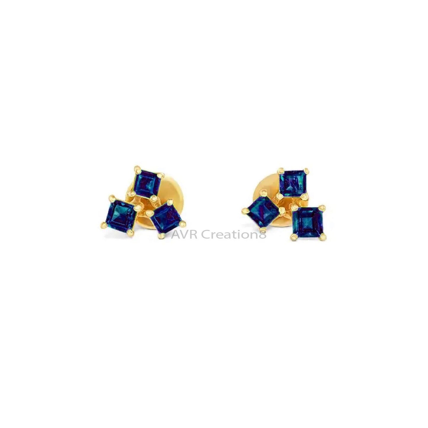 Princess Cut Blue Sapphire Stud Earrings, September Birthstone Earrings, 14k Yellow Gold Plated, Push Back Earrings, Earrings For women