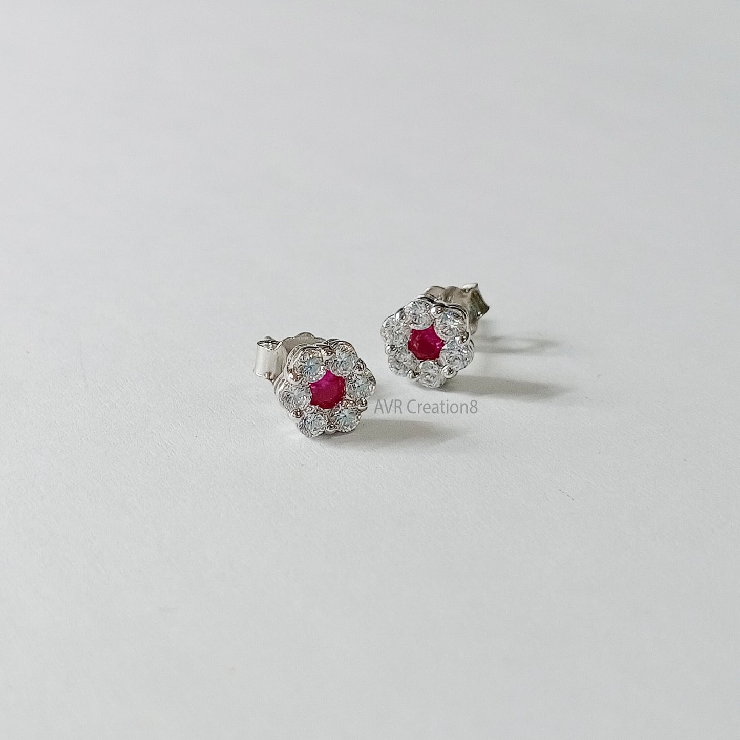 Dainty Stud Earrings, Ruby & Diamond Halo Stud Earrings, Flower Stud Earrings, Diamond Earrings, Gemstone Earrings, Anniversary Gift For Her