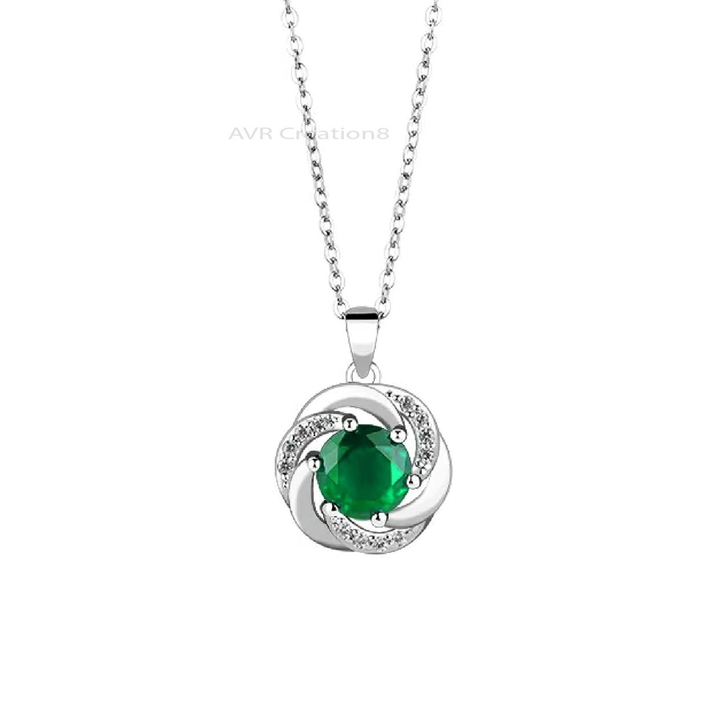 Green Emerald & Diamond Necklace Pendant For Her, May Gemstone Pendant, Minimalist Diamond Pendant, 14K White Gold Plated, Anniversary Gifts