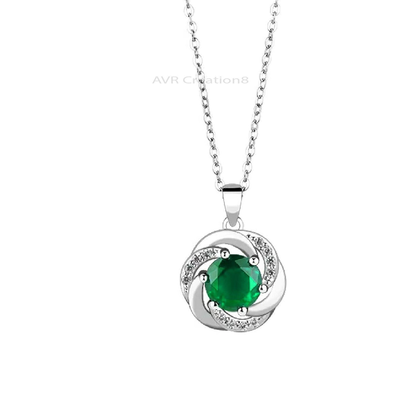 Green Emerald & Diamond Necklace Pendant For Her, May Gemstone Pendant, Minimalist Diamond Pendant, 14K White Gold Plated, Anniversary Gifts