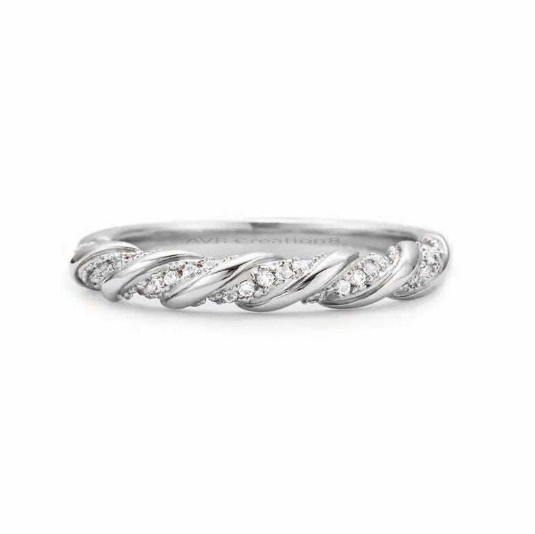 Diamond Twisted Wedding Band, Eternity Wedding Band, Cluster Dainty Diamond Ring, Minimalist Moissanite Stackable Band, Silver Band for Mom