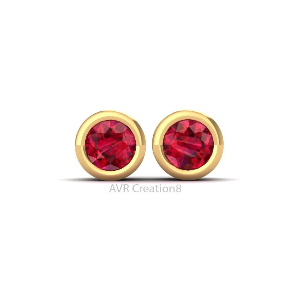 Dainty Red Ruby Stud Earrings, Bezel Set Earrings, Gemstone Earrings, 14k Yellow Gold Plated, Pushback Earrings, Gifts For Girlfriend