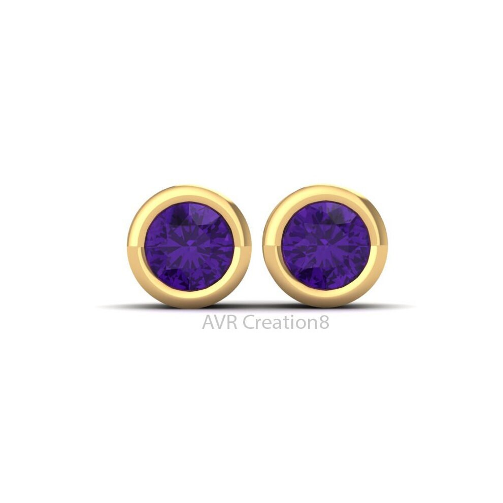 Amethyst Stud Earrings, Mini Bezel Set Earrings, 14k Yellow Gold Plated, February Birthstone Earrings, Birthday Gifts, Gifts For Her