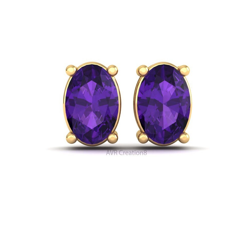 Oval Amethyst Stud Earrings | Minimalist Purple Gemstone Studs | February Birthstone Jewelry | Everyday Oval Earrings | Anniversary Gift