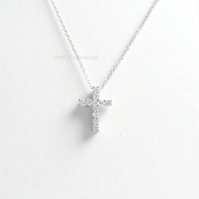 Cross Diamond Pendant Necklace, Minimalist Cross Pendant, 14K White Gold Plated, Handmade Pendant, Pendant For Women, Confirmation Gift