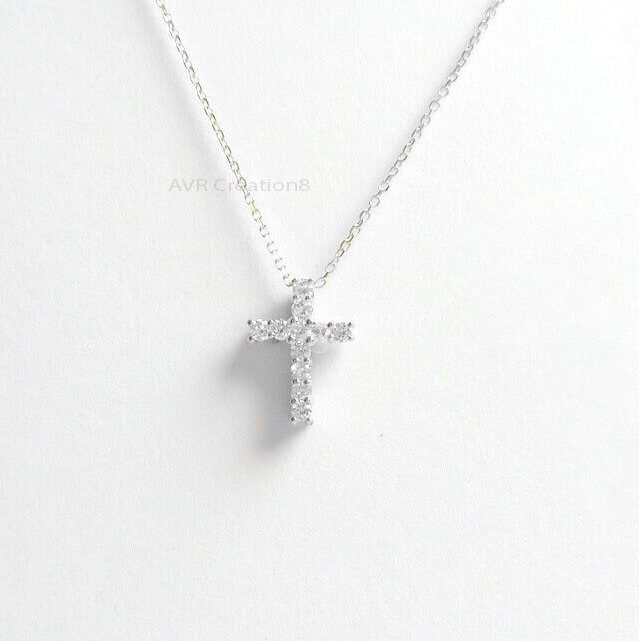 Cross Diamond Pendant Necklace, Minimalist Cross Pendant, 14K White Gold Plated, Handmade Pendant, Pendant For Women, Confirmation Gift