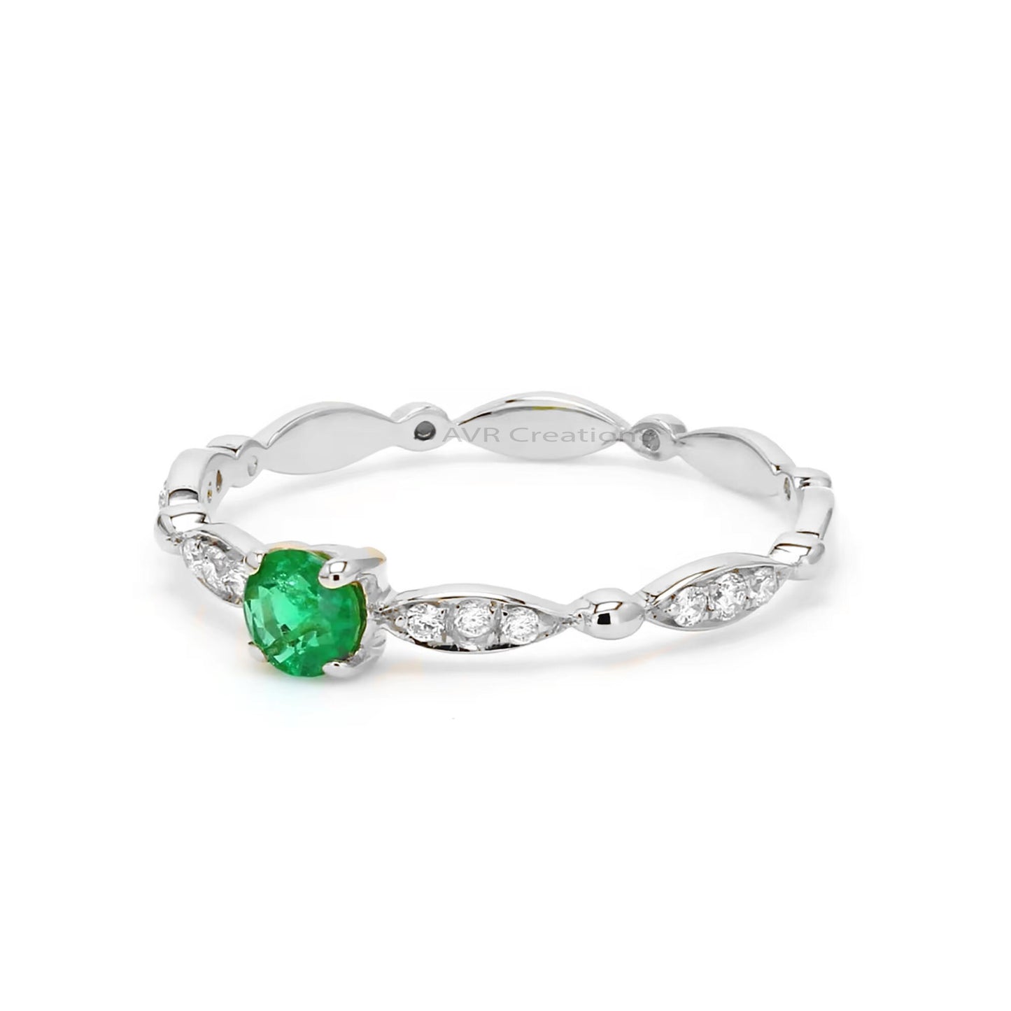 Green Emerald & Diamond Round Cut Engagement Ring, Stackable Rings, 925 Sterling Silver, Gemstone Rings for Women, Anniversary Gifts for Her