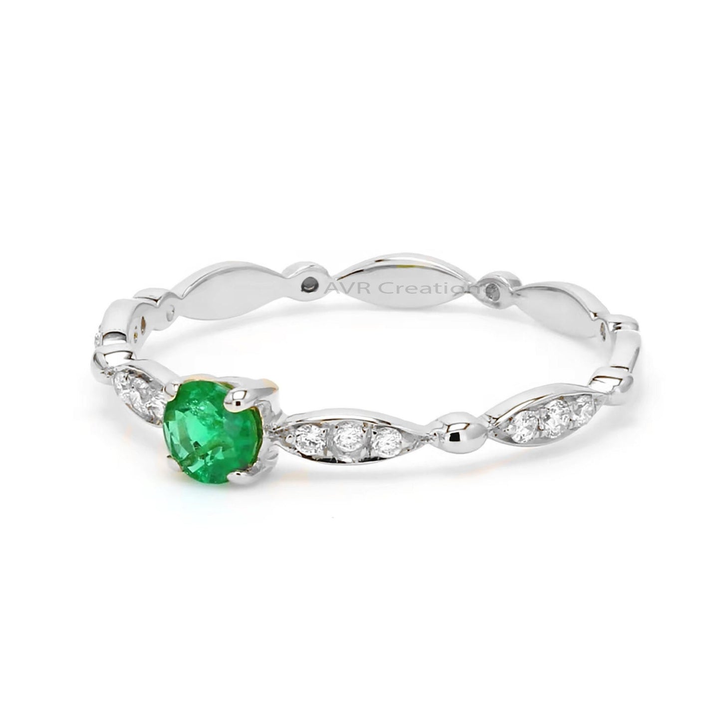 Green Emerald & Diamond Round Cut Engagement Ring, Stackable Rings, 925 Sterling Silver, Gemstone Rings for Women, Anniversary Gifts for Her