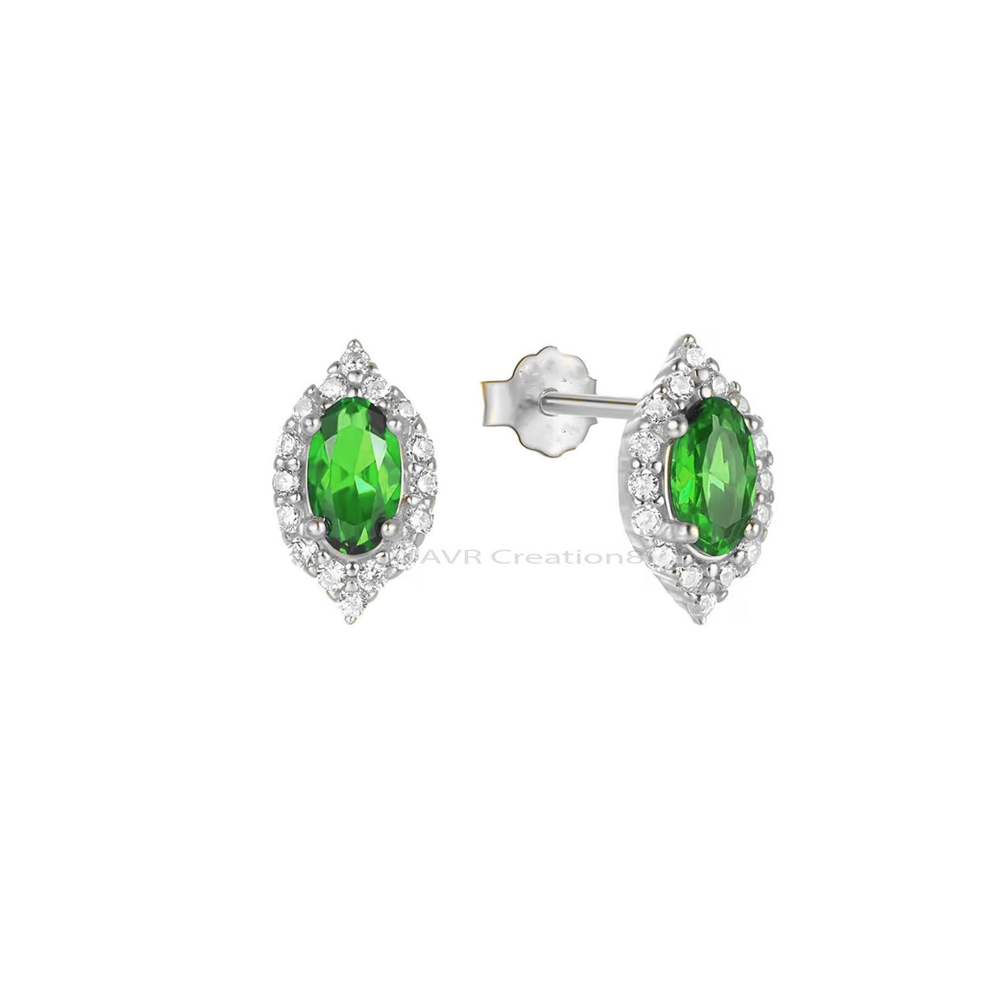 Oval Cut Green Emerald Stud Earrings, Emerald & Diamond Stud Earrings, 925 Sterling Silver, Handmade Stud Earrings, Earrings For Women