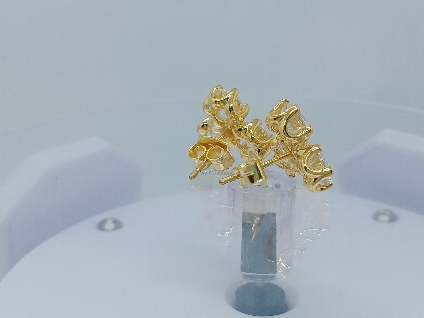 Solitaire Three Stone Stud Earrings, 14K Yellow Gold Plated, Stud Earrings, Handmade Gifts Earrings, Wedding Anniversary Gifts Earrings