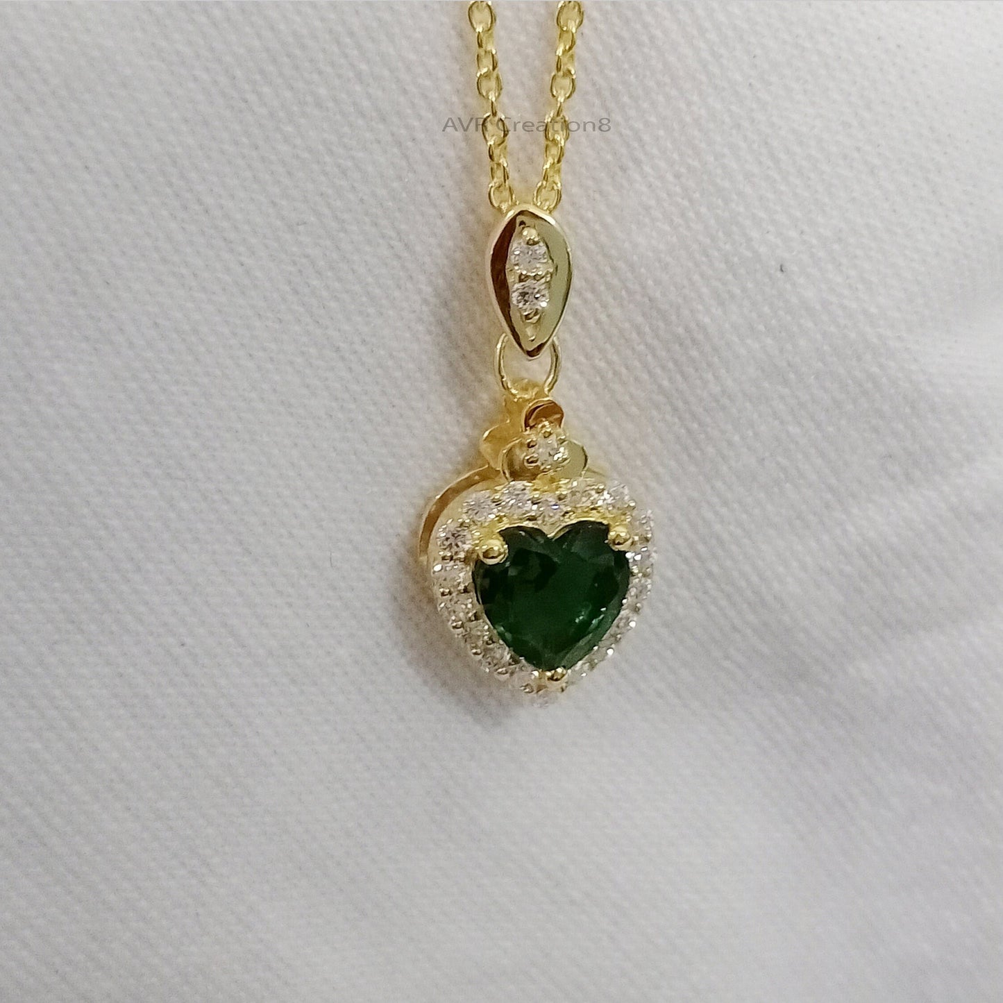 Green Emerald Heart Necklace, Gold Heart Pendant, Dainty Gemstone Halo Necklace, May Birthstone Gift, Romantic Anniversary Gift for Her