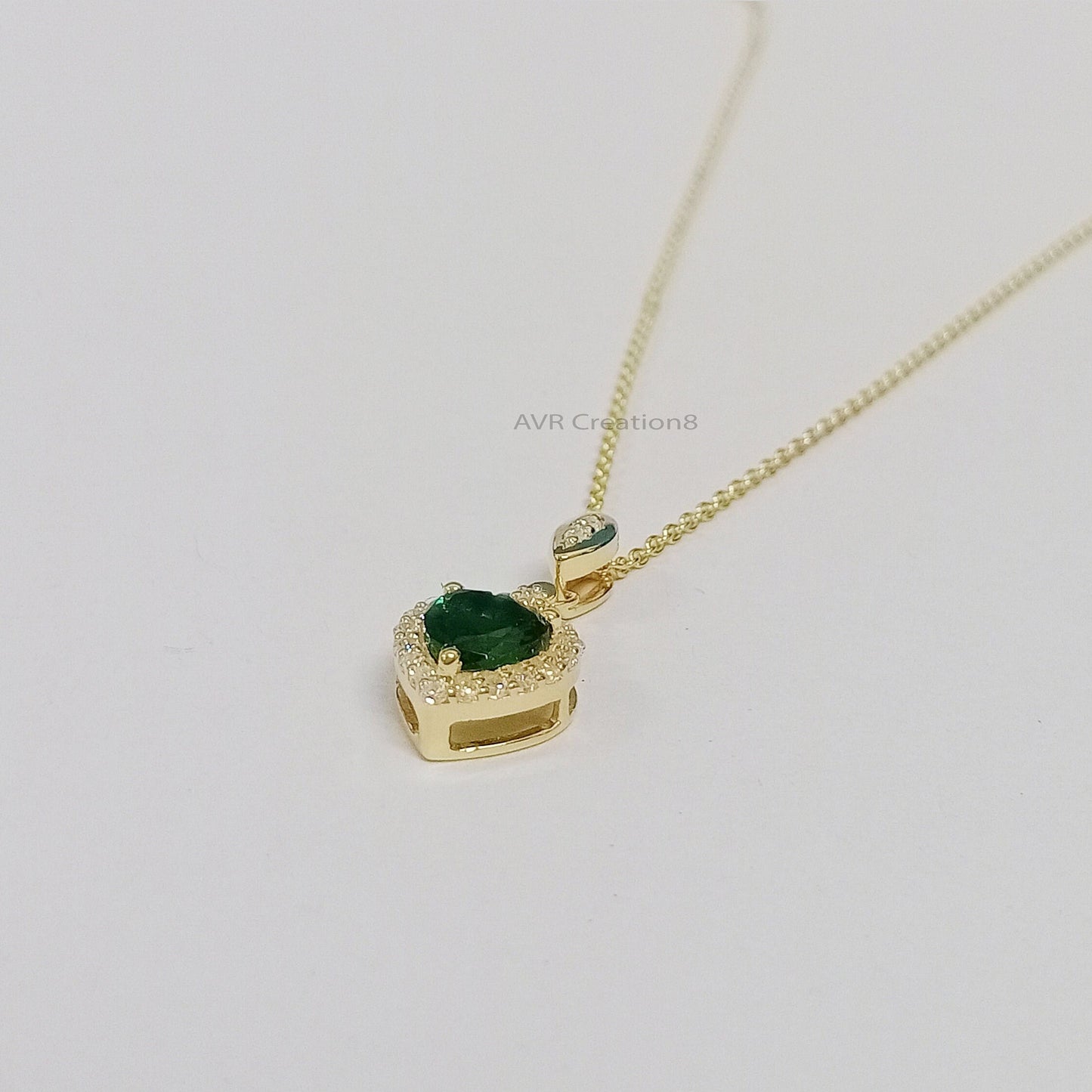 Green Emerald Heart Necklace, Gold Heart Pendant, Dainty Gemstone Halo Necklace, May Birthstone Gift, Romantic Anniversary Gift for Her