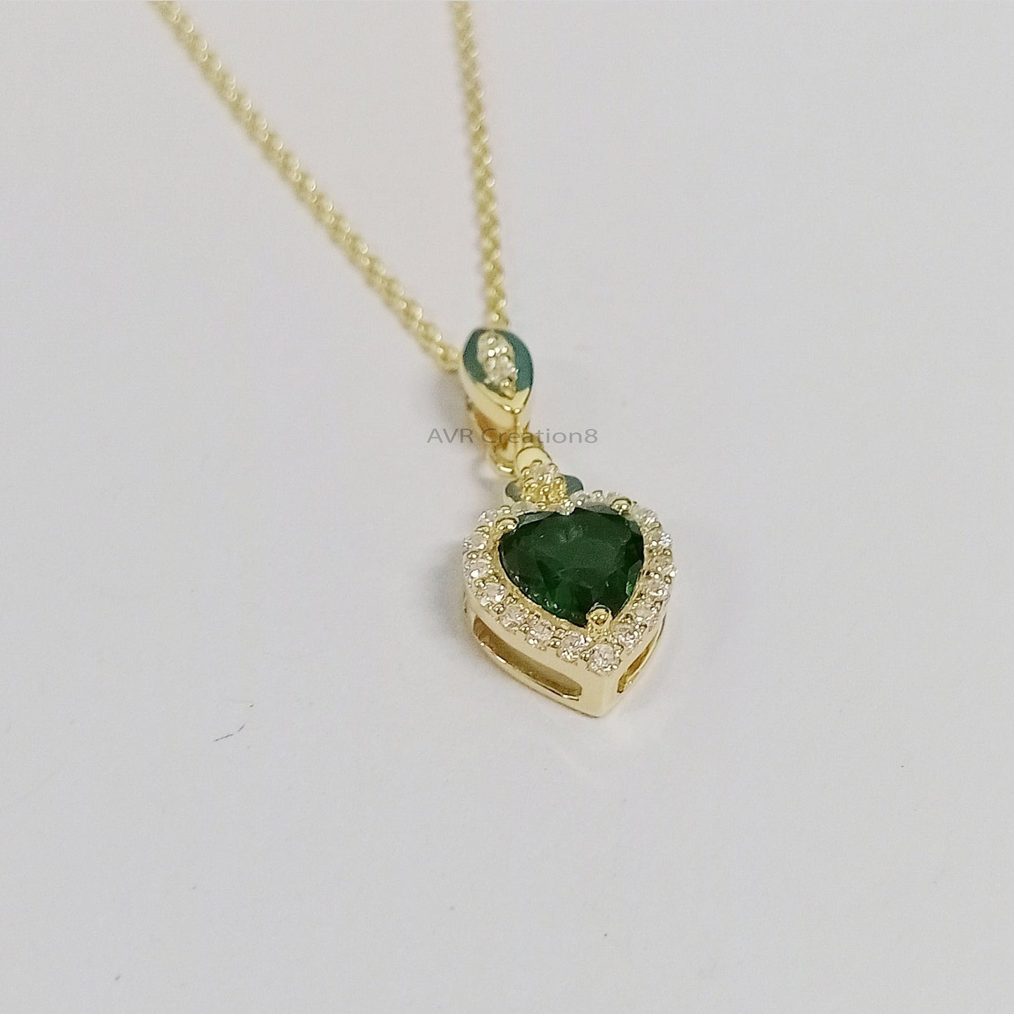 Green Emerald Heart Necklace, Gold Heart Pendant, Dainty Gemstone Halo Necklace, May Birthstone Gift, Romantic Anniversary Gift for Her