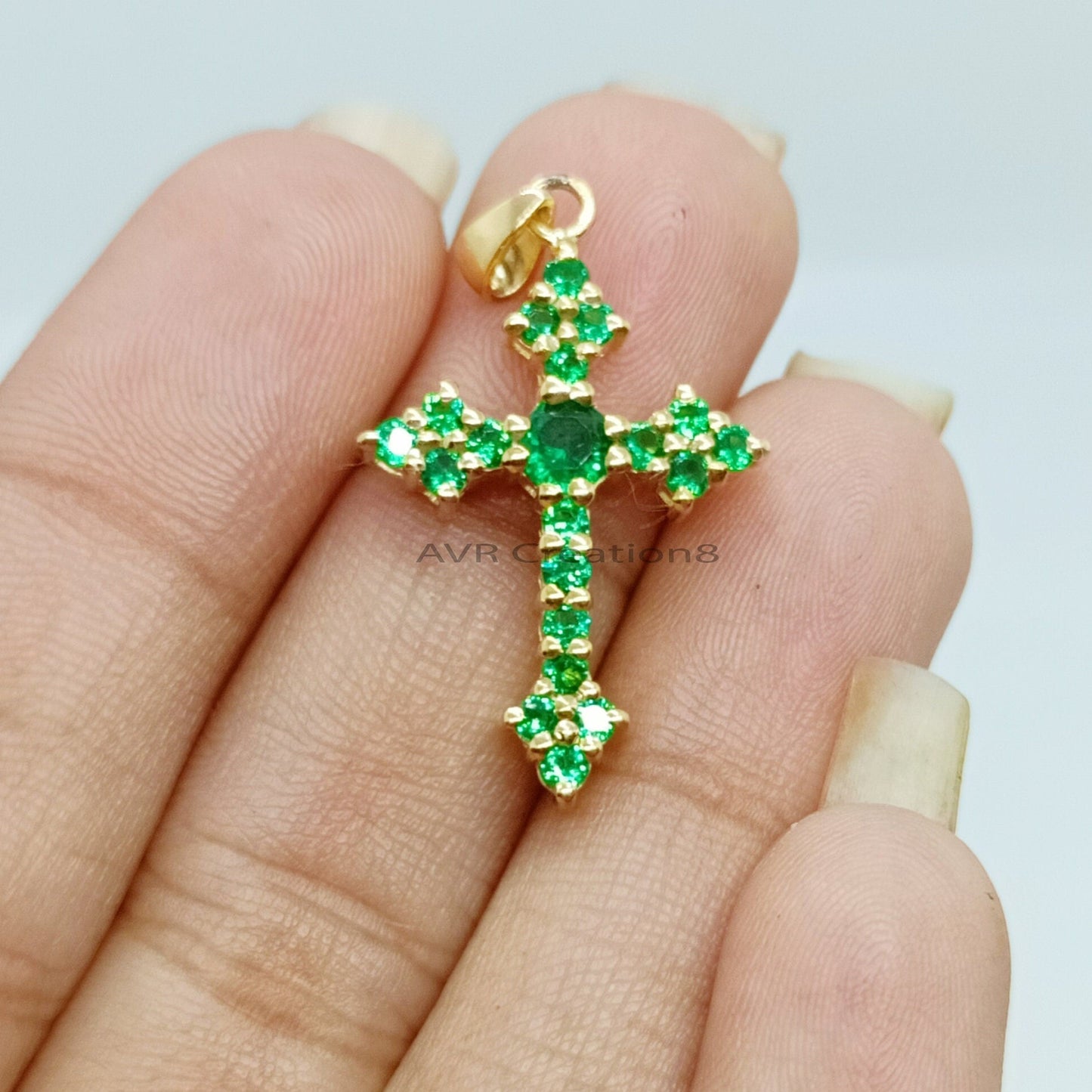 Green Emerald Cross Necklace Pendant | May Birthstone Pendant | 14K Yellow Gold Plated | Gemstone Pendant | Anniversary Gifts For Women