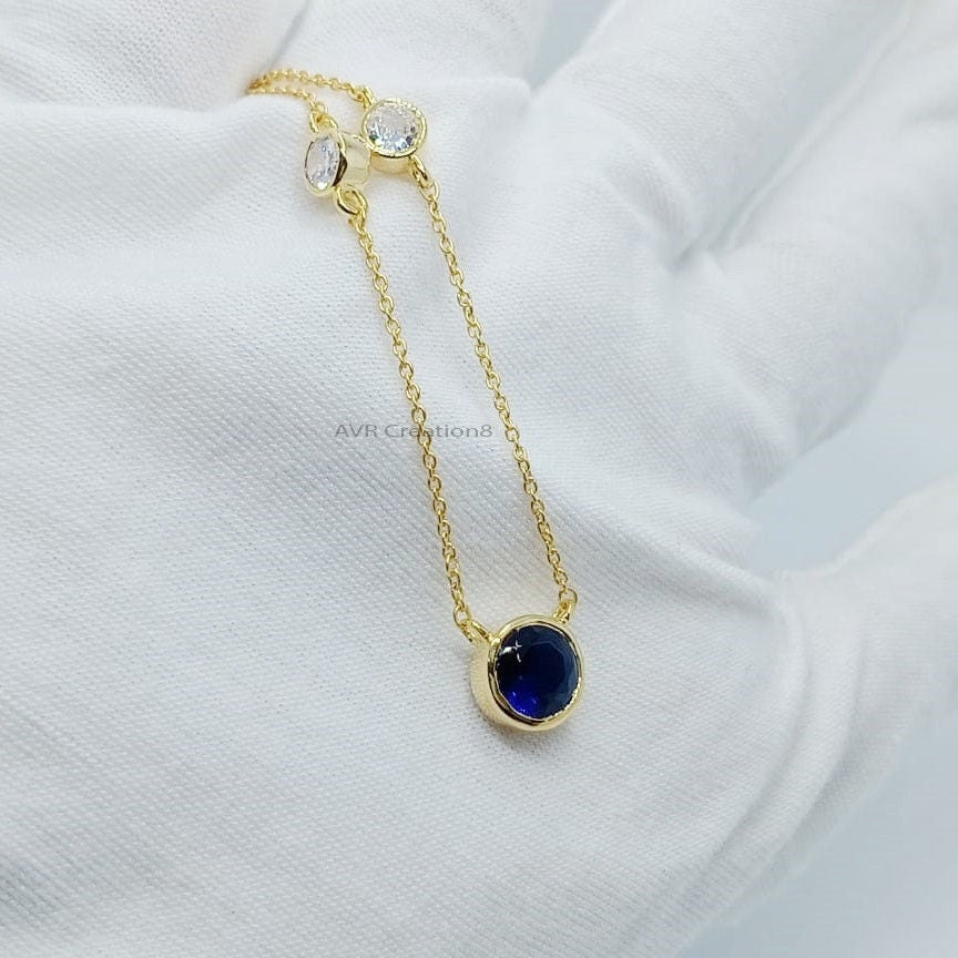 Blue Sapphire & Diamond Necklace Pendant | Bezel Set Diamond | 14K Yellow Gold Plated | Minimalist Pendant For Women | September Birthstone