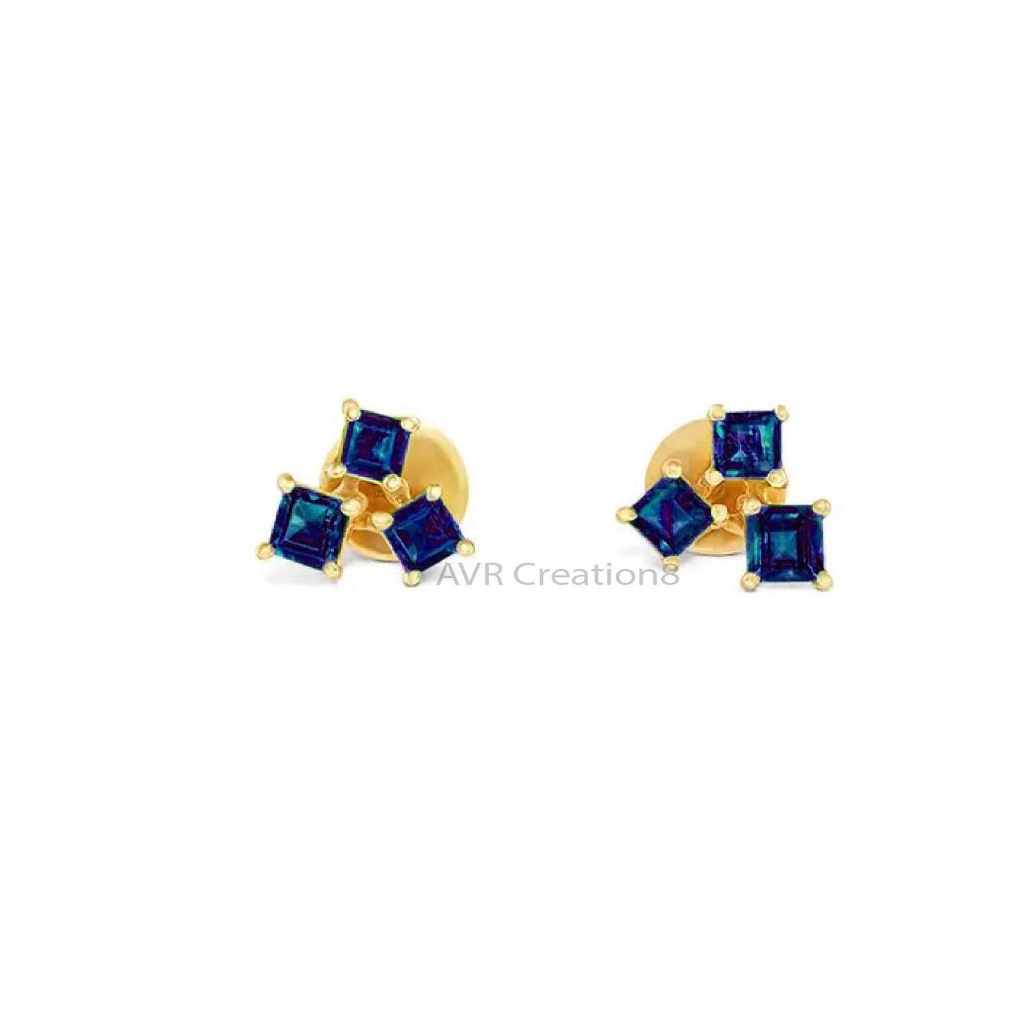 Princess Cut Blue Sapphire Stud Earrings, September Birthstone Earrings, 14k Yellow Gold Plated, Push Back Earrings, Earrings For women