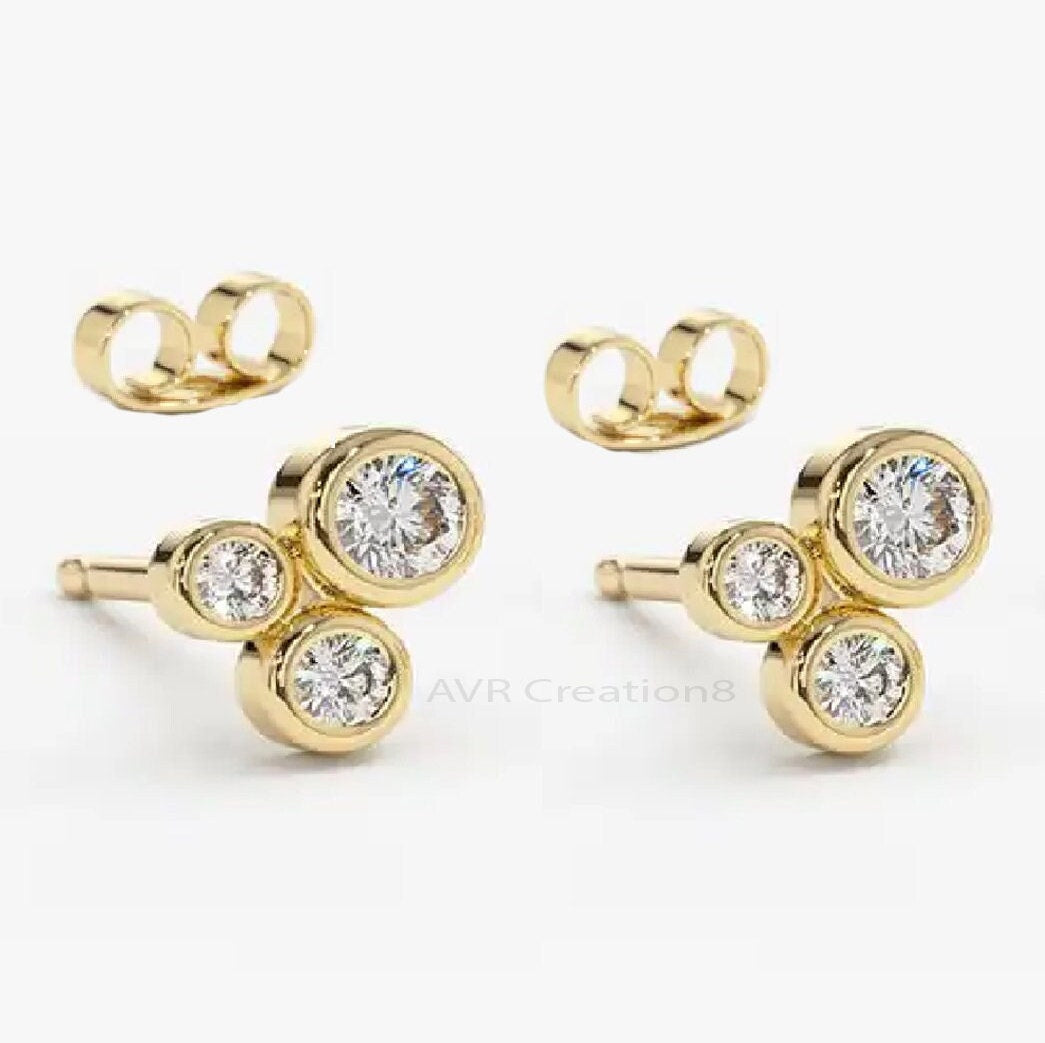 Bezel Set Diamond Stud Earrings For Her, Round Cut Stud Earrings, Three Stone Diamond Earrings, 14K Yellow Gold Plated, Earrings For Women