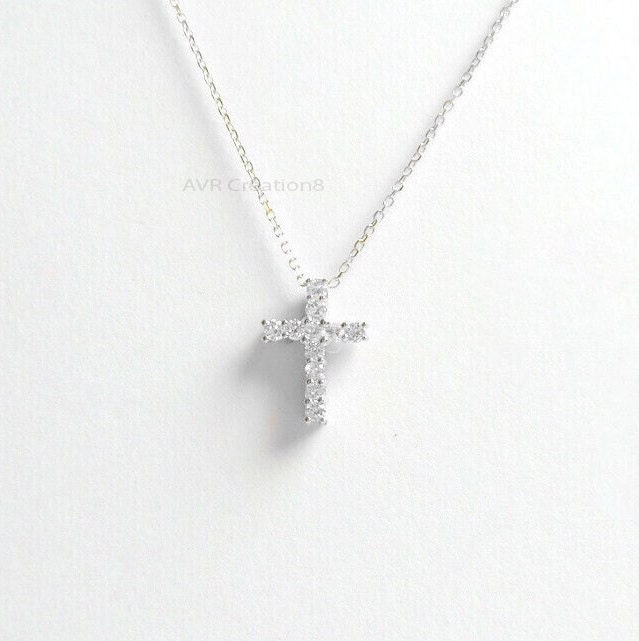 Cross Diamond Pendant Necklace, Minimalist Cross Pendant, 14K White Gold Plated, Handmade Pendant, Pendant For Women, Confirmation Gift