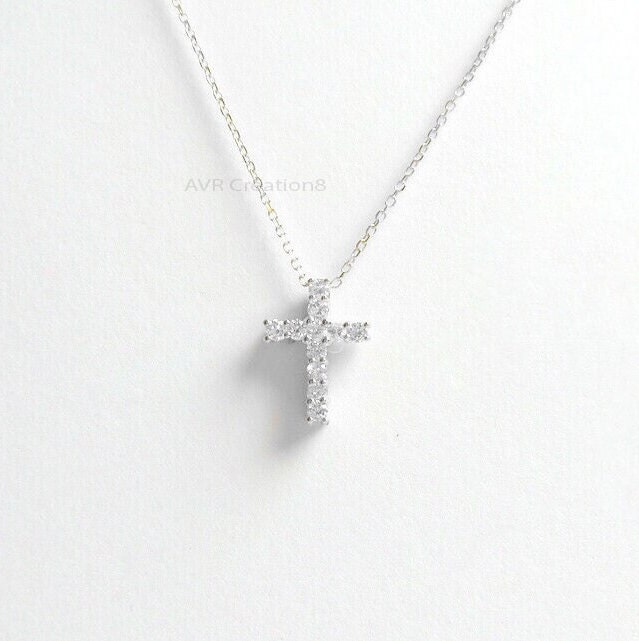 Cross Diamond Pendant Necklace, Minimalist Cross Pendant, 14K White Gold Plated, Handmade Pendant, Pendant For Women, Confirmation Gift