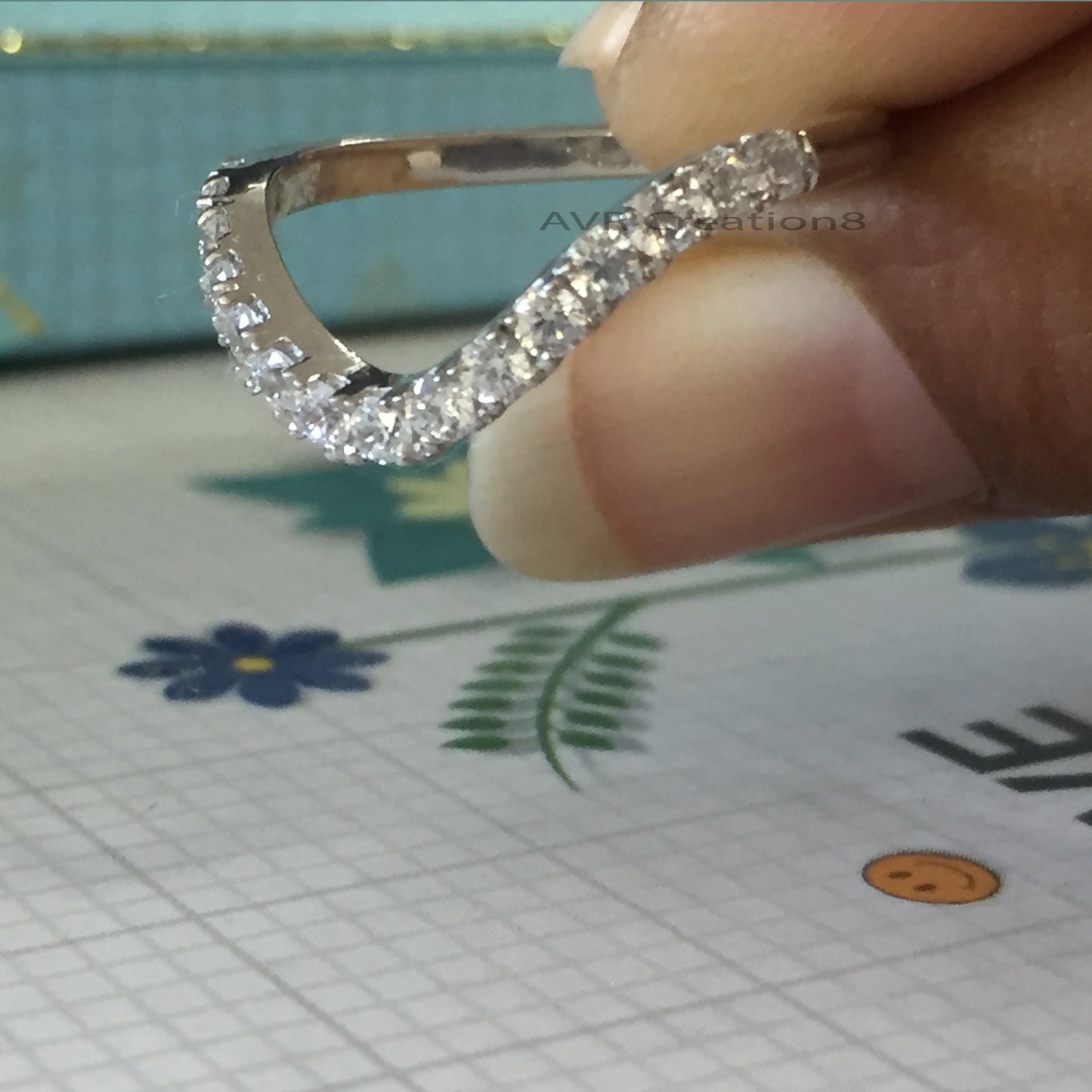 Curved Diamond Wedding Band, Round Pave Diamond Stacking Ring, 14k White Gold Plated Diamond Chevron Ring for Women, Engagement Band