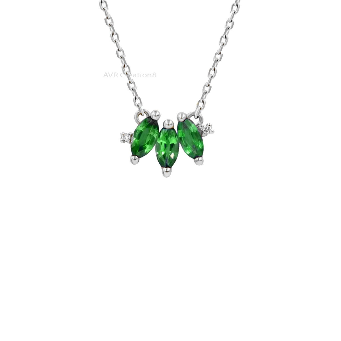 Marquise Cut Emerald Pendant Necklace, Three Marquise Pendant, Necklace with chain, 925 Sterling Silver, Pendant For Women, Anniversary Gift