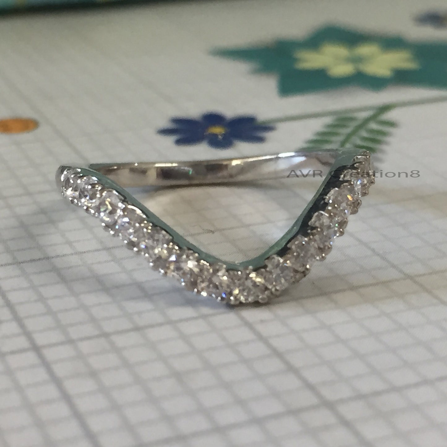 Curved Diamond Wedding Band, Round Pave Diamond Stacking Ring, 14k White Gold Plated Diamond Chevron Ring for Women, Engagement Band