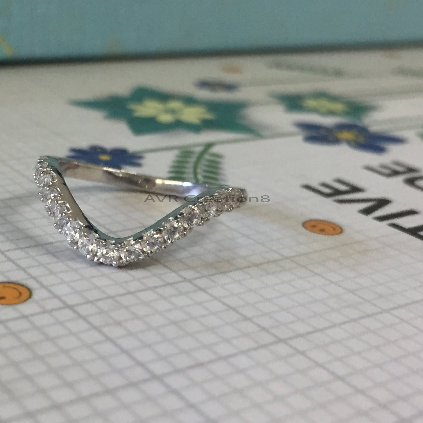 Curved Diamond Wedding Band, Round Pave Diamond Stacking Ring, 14k White Gold Plated Diamond Chevron Ring for Women, Engagement Band