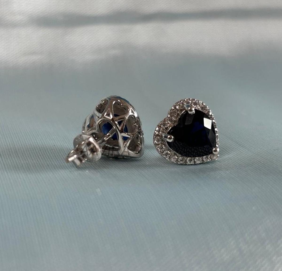 Halo Heart Blue Sapphire Studs, Blue Stone Earrings, Push Back Studs, Diamond Stud Earrings For Women, 14K White Gold Handmade Studs