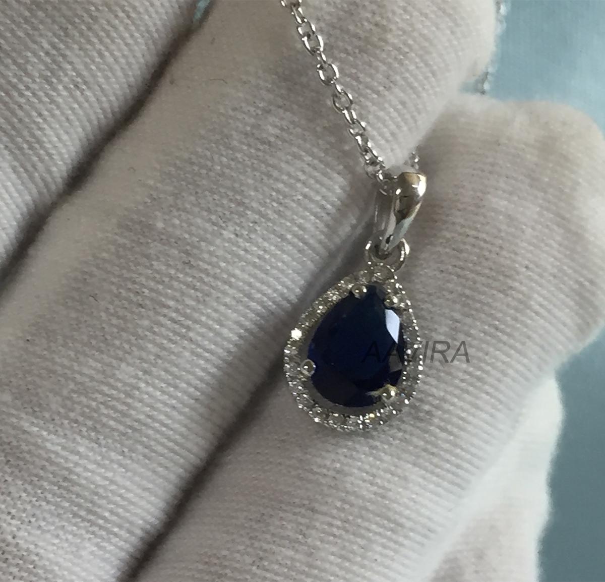 September Birthstone Pendant, Sapphire Teardrop Necklace, Halo Diamond Pendant, Sapphire Pendant, 925 Sterling Silver Pendant, Birthday Gift