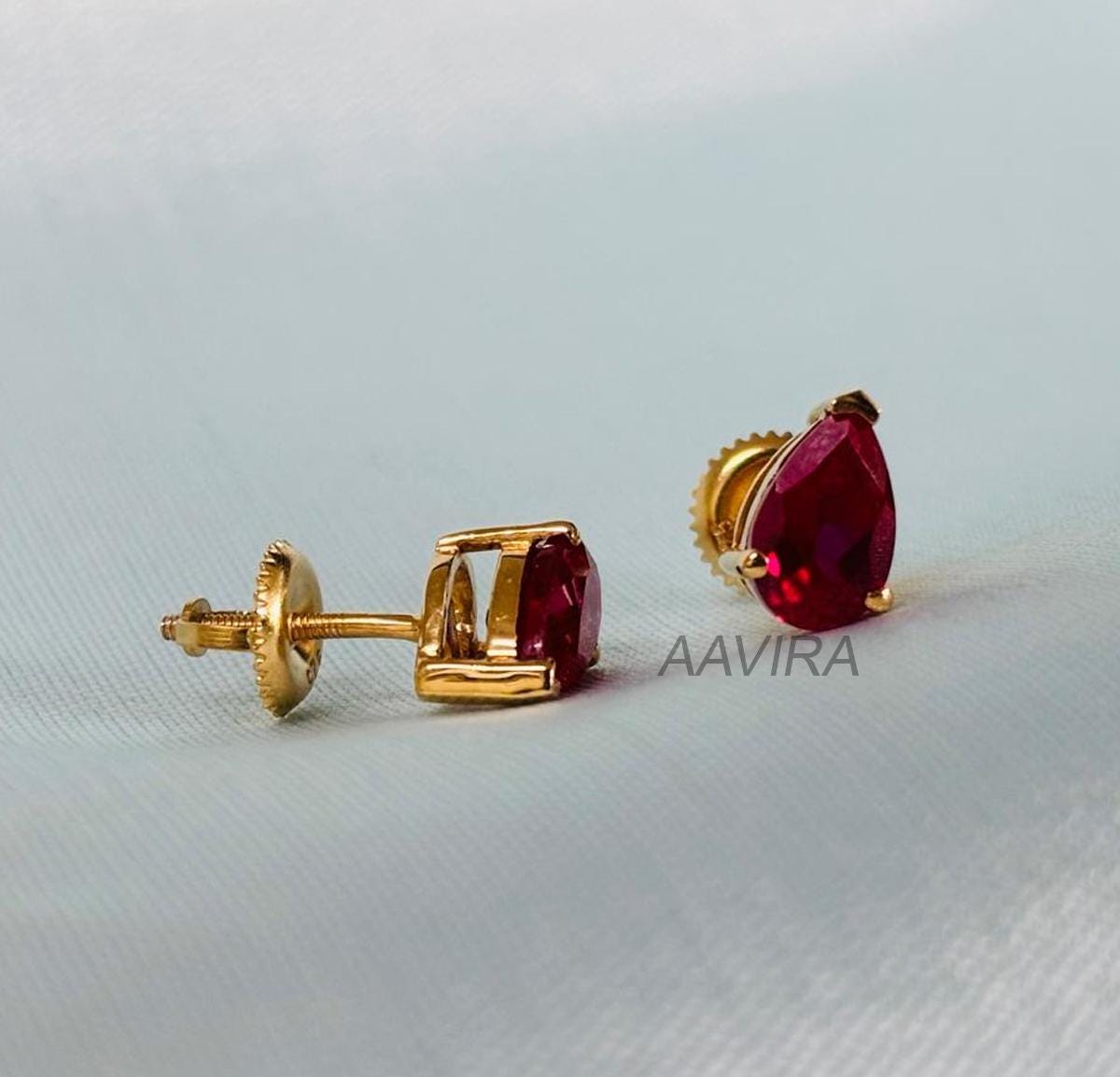 Ruby Stud Earrings, Pear Stud Earrings, Ruby Birthstone Earrings, Screw Back Earrings, Solitaire Earrings, Everyday Earrings, Gift for Her