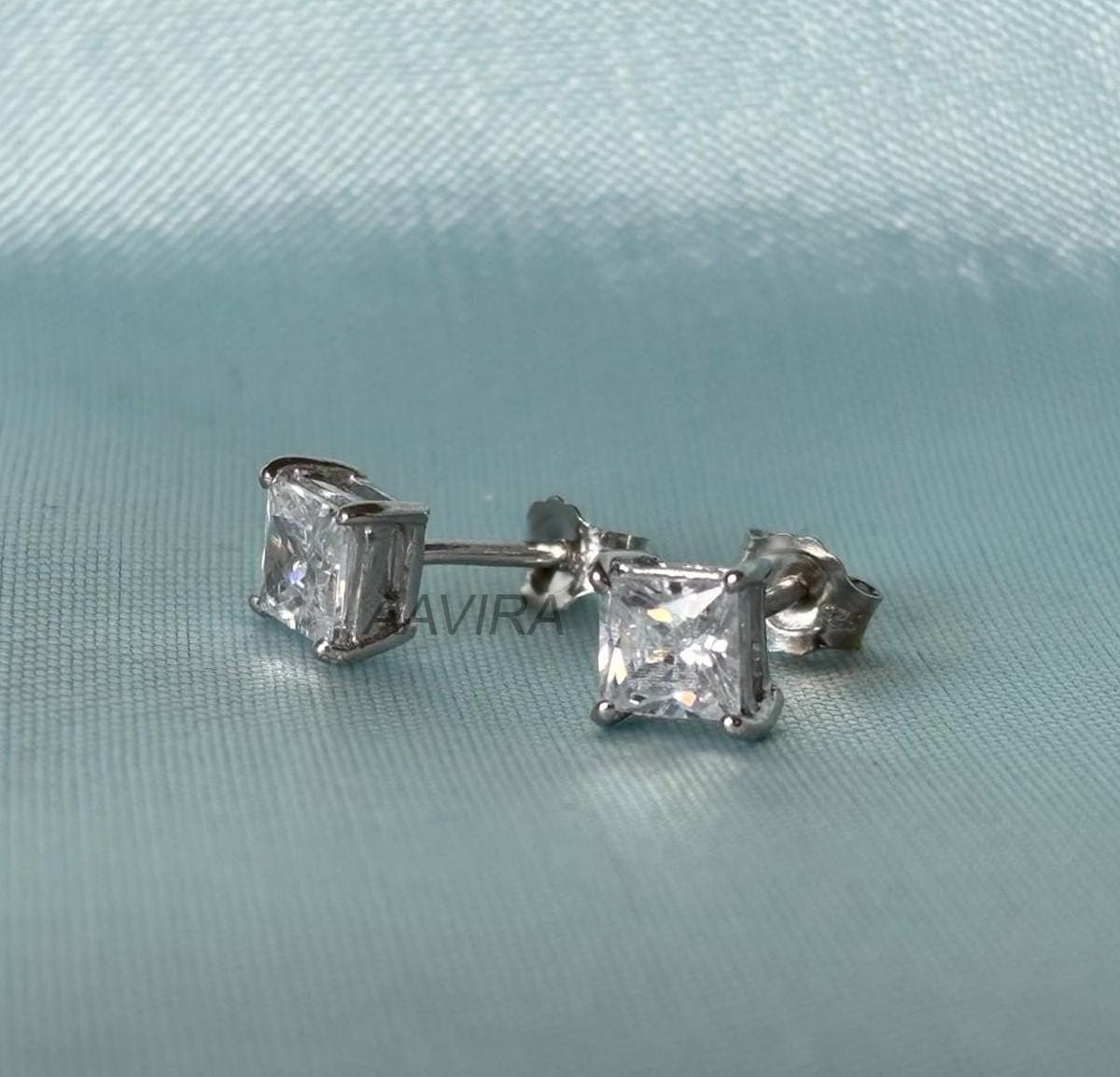 Princess diamond earrings, 6mm Diamond Stud, 925 Sterling Silver, Everyday Earrings, Push Back, Dainty Diamond Stud Earrings For Women/Men