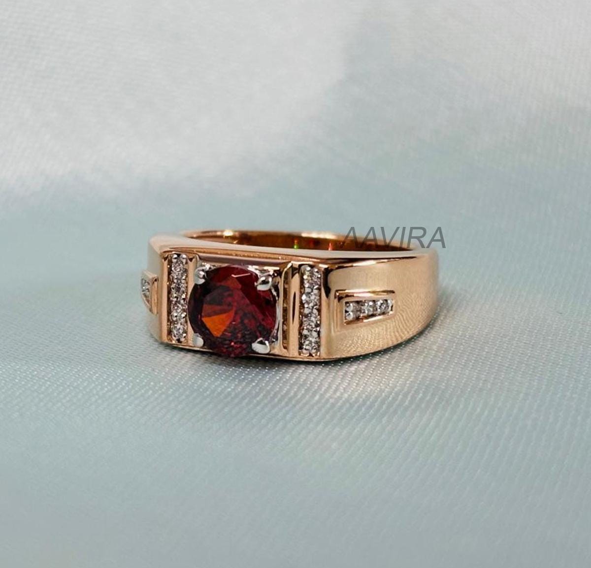 Red Garnet & CZ Band Ring, Men Diamond Band Ring, Mens Wedding Band Ring, Personalized Band, Pinky Ring For Men, Band For Men, Gift For Him