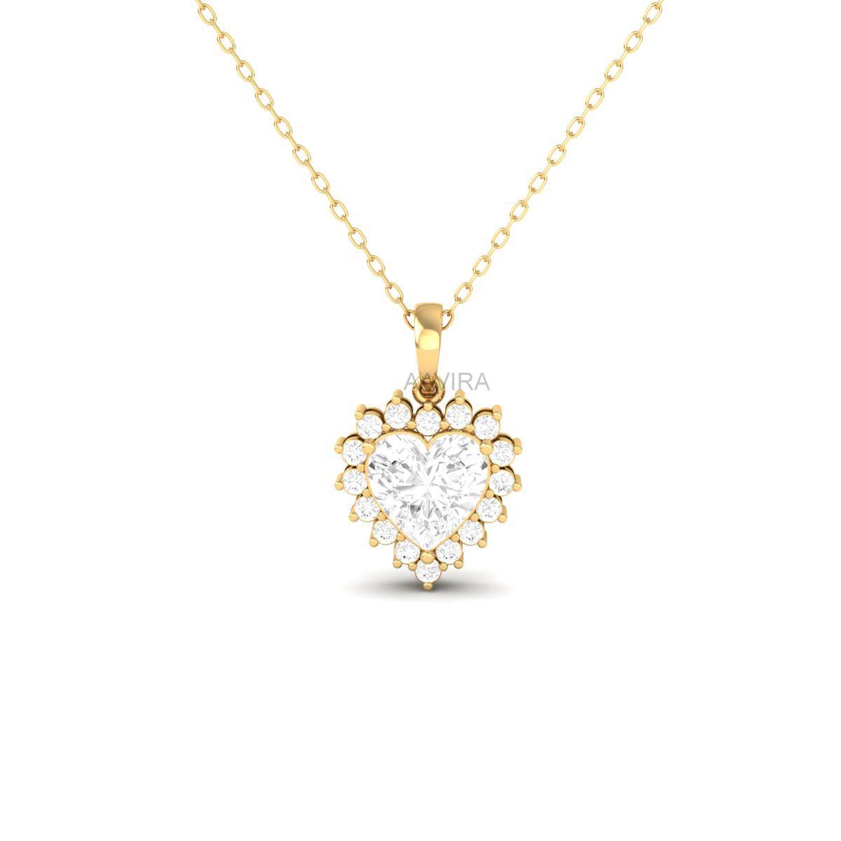 Heart Cut Pendant In 14k Yellow Gold Plated, Diamond Heart Pendant, Halo Heart Pendant, Heart Pendant For Women, Small Love Gift For Mom