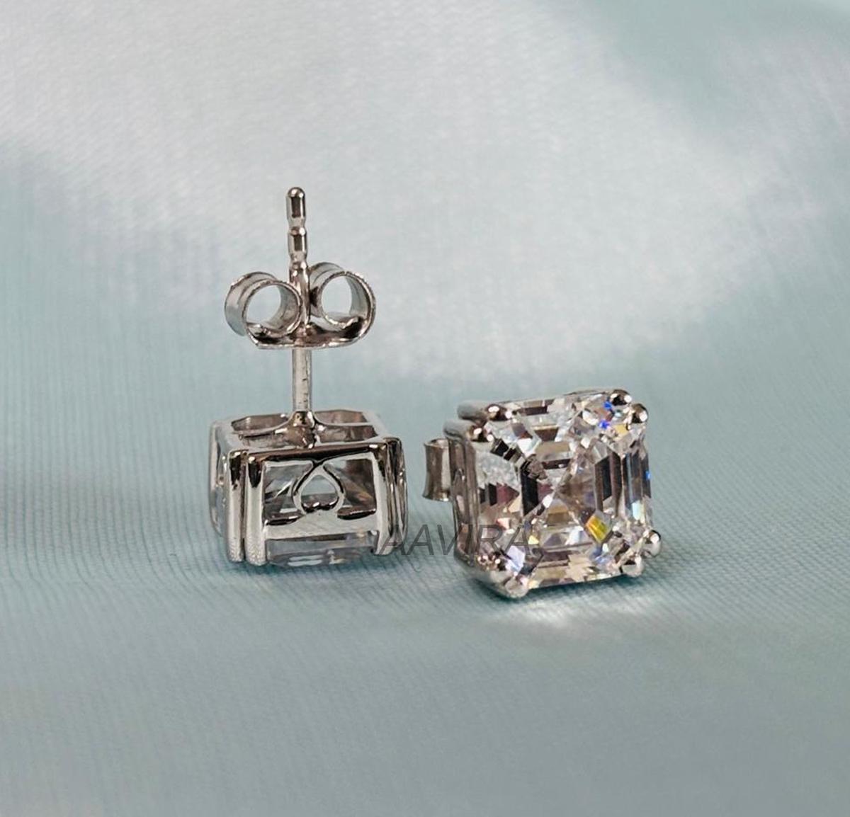 Asscher Cut Stud Earrings, Daily Use Earrings, Asscher Earrings, Diamond Earrings for Men Women, 14k White Gold Stud Earrings, Push Back